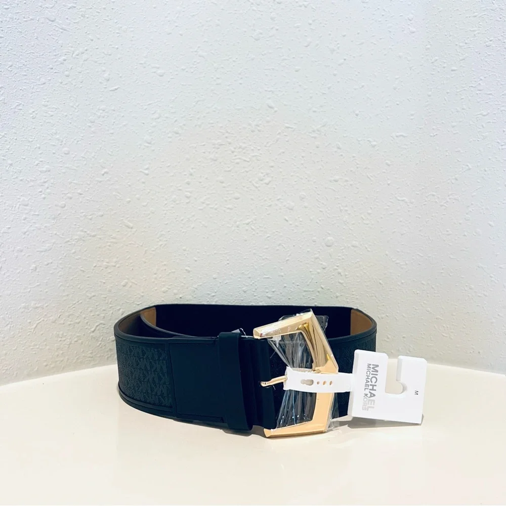 Michael Kors Women’s Signature Wide Elastic Vegan Leather Black Belt Size M NWT